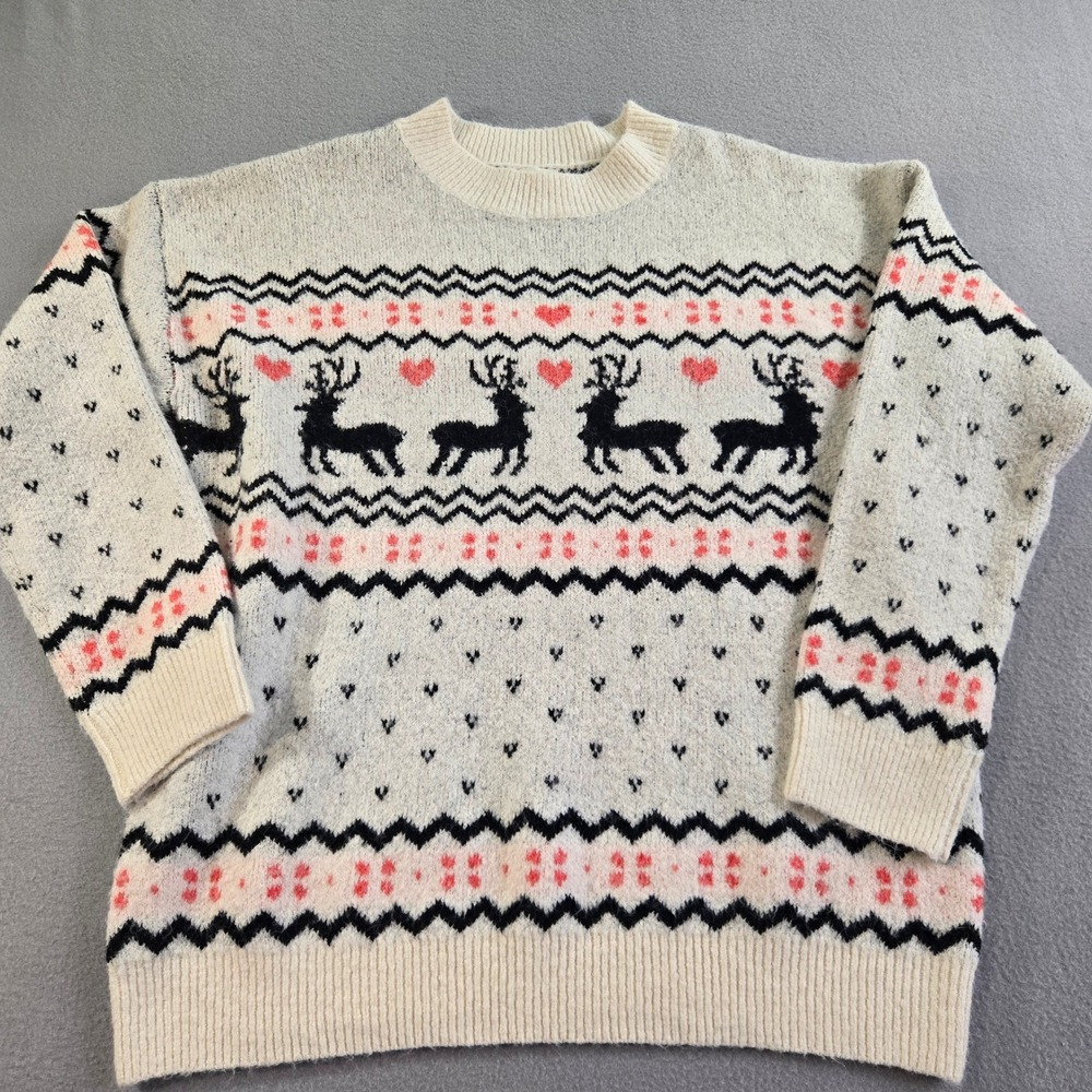 BiBi Reindeer Fair Isle Sweater Womens XL Cream Pink Heart Holiday Pullover